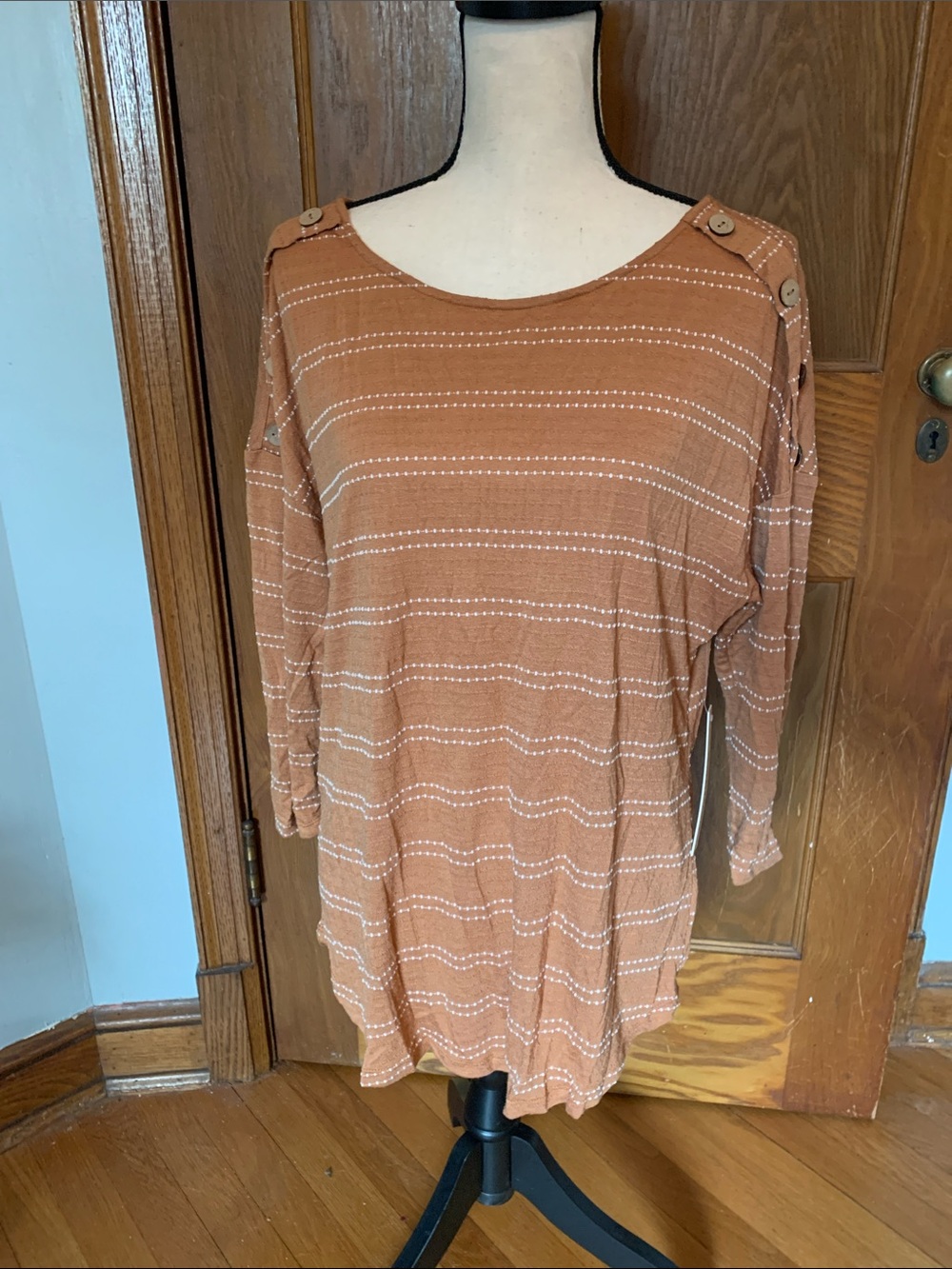 Above & Beyond Casual Button-Shoulder Tunic Top in Rust with Subtle Stripes